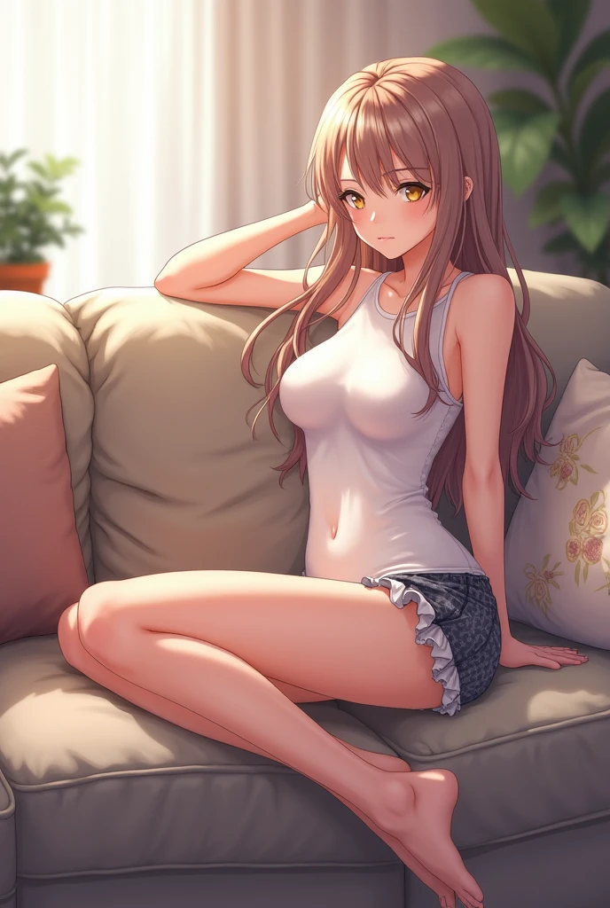 a sun ayuuki, a sun a yuuki, Long Hair, Brown Hair, (Brown eyes:1.8), ponytail,Sweat,Wet clothes,See-through clothing,Tank top,Belly button,happy smile, smile, Open your mouth,Shorts,barefoot,Sitting on the sofa,Holding an ice cream in one hand,noon,Clear skies,
Break indoors,room,
壊す looking at viewer,Systemic
break (masterpiece:1.2), Highest quality, High resolution, unity 8k wallpaper, (shape:0.8), (Fine and beautiful eyes:1.6), Highly detailed face, Perfect lighting, Highly detailed CG, (Perfect hands, Perfect Anatomy),
