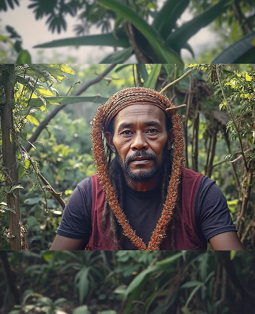 a wide-angle shot from above of an indigenous man standing on a mesoamerican pyramid, wearing a head scarf with many feathers like a natural Diadem dissolving with her head, ready to strike, detailed tribal make up, on the top of a Pyramide in a dense rainforest, view from above, intense lighting, intense focus as leaves are swirl around her, otherworldly creature, in the style of fantasy movies, photorealistic, shot on Hasselblad h6d-400c, zeiss prime lens, bokeh like f/0.8, tilt-shift lens, feminine hero pose, neo-mosaic, Neo shamanism, psychedelic, psy-trance Art, symmetrical balance, fantastical machines, alchemical symbols, serene faces, beautifully color coded, intricate composition, digitally enhanced, detailed wildlife, –ar 16:9 –s 750 –v 5