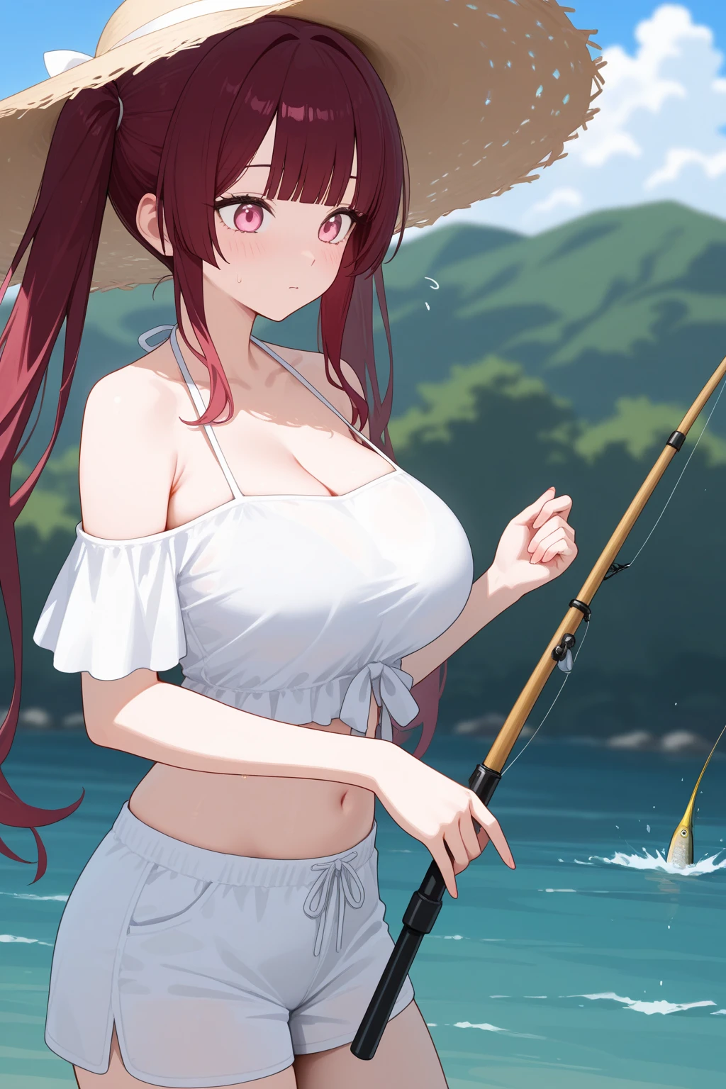 One Woman, masterpiece, Highest quality, Black thigh-high socks、Long black hair、Big Breasts、Cleavage、White shirt、Black panties、Black slit skirt、Low - Angle、On the boat、Sitting and fishing、Holding a big fish on his chest