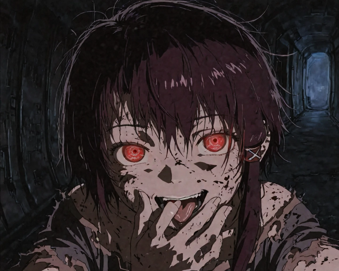The girl is lying on the ground, covered in blood, seriously injured., short black hair to shoulders, slightly open eyes, green eyes, no blush, very pale skin, no emotion on the face, Green T-shirt, brown pants, Brown boots, all the clothes are covered in blood, There is blood on his face, gloomy atmospheres, It's raining, a lot of blood,, anime art, masterpiece, realistically, super detail, professional quality