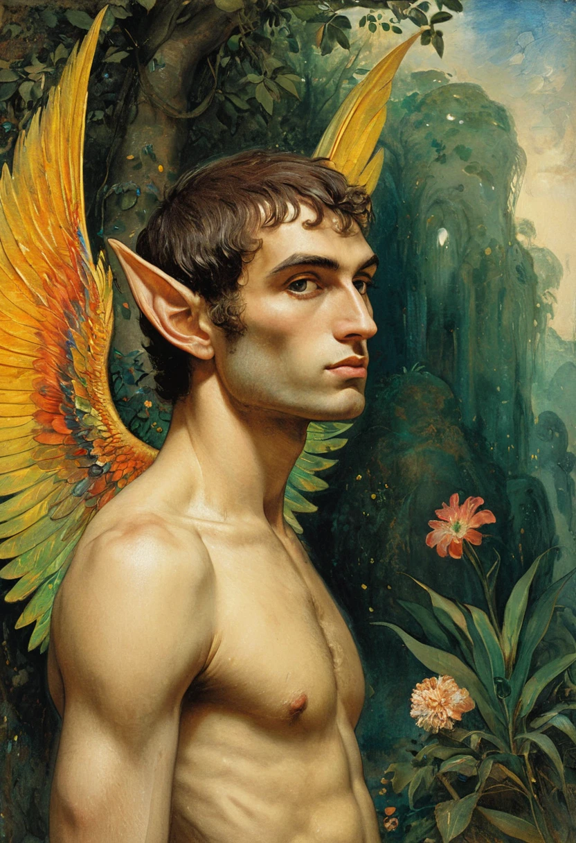 there is a drawing of a fairy man, flying mythical beasts, com asas, Longas, Peculiar Rei de Faes. detalhes. Pintura de um homem fada, Arte xamanica, colorida, LGBTQIAP+, xamanismo, visionary art,
