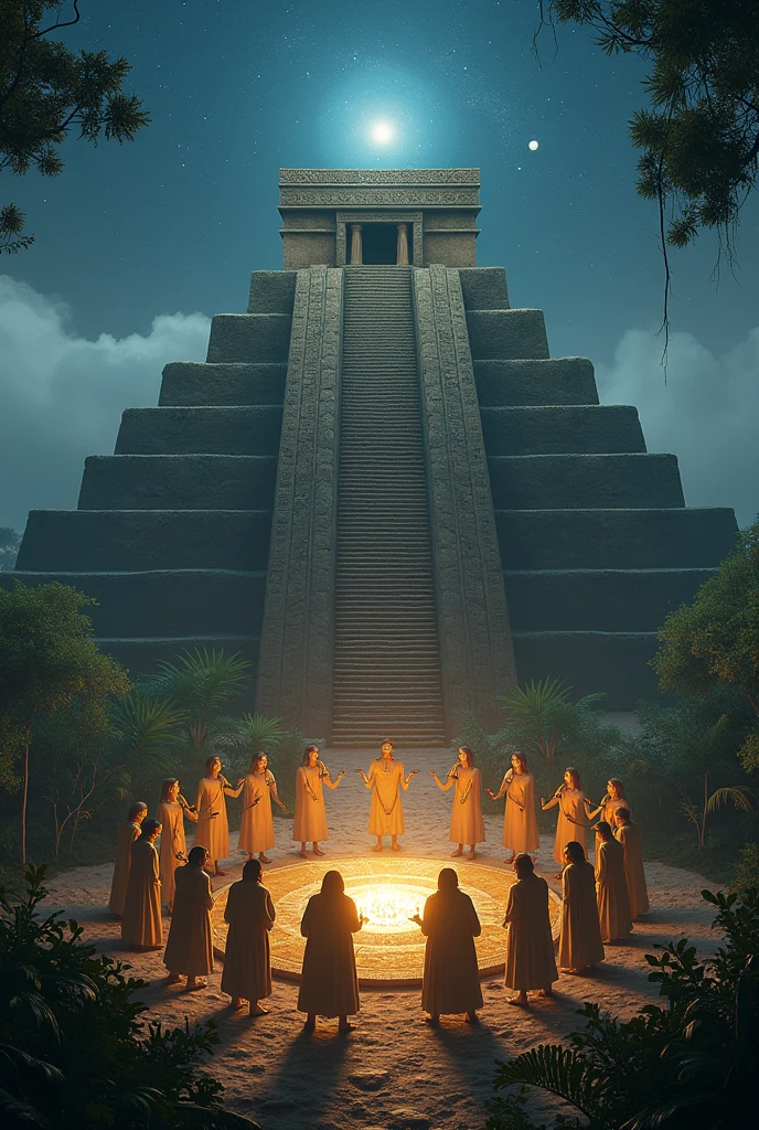 Create a human sacrifice made by 4 Mayans taking out the guts of an Aztec on the stone altar in the background 3 pyramids and on top of them 4 spaceships with statues of their gods to the right and statues of demons to the left