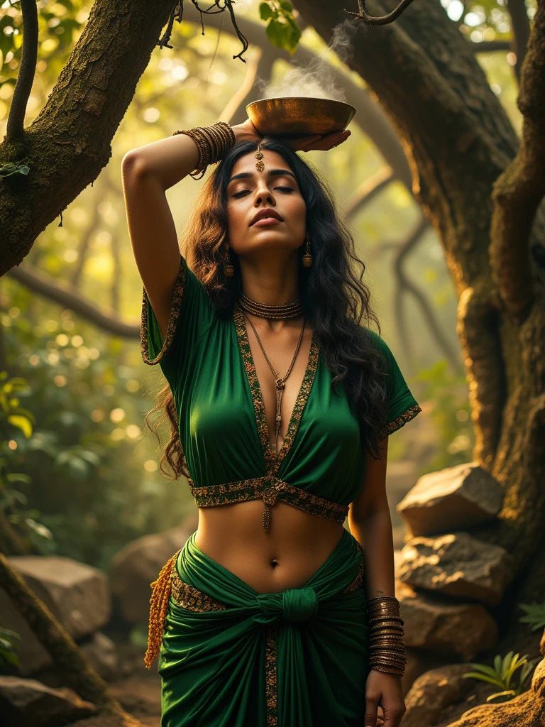 sexy beautiful fair skin perfect indian girl, wearing brown coloured slit ghaghra and choli, walking in jungle to fetch water, she is holding a clay pot on her head, water from the clay pot is spilling out which is making her clothes wet, the slit ghaghra is very erotic and exposing, Conceptual art, Realism, depth of field, ccurate, award winning, anatomically correct, retina