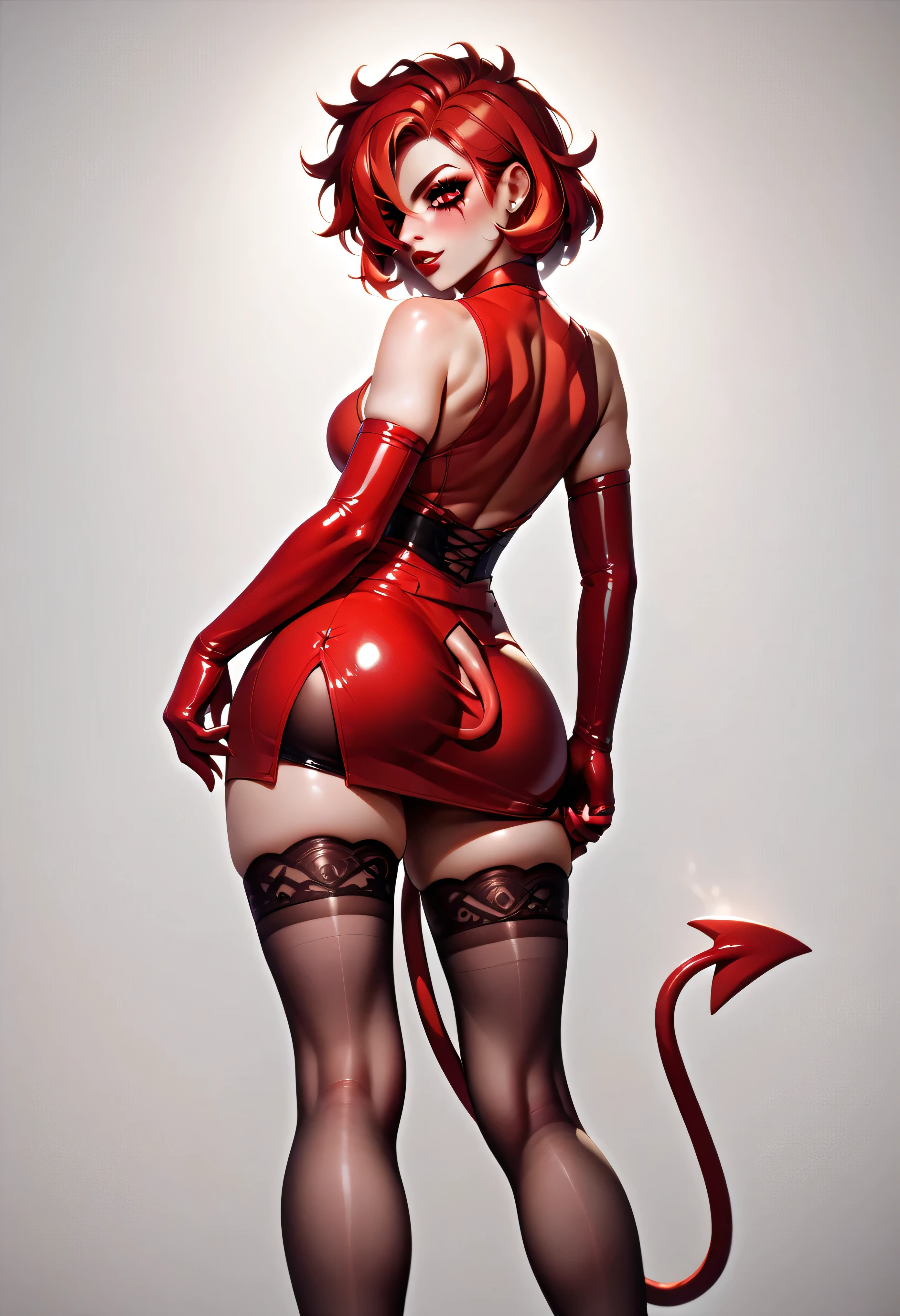 Malina standing at a vintage mic in a smoky hellish jazz club, wearing a shimmering tight red dress with a thigh slit and open back, long opera gloves, smoky eye makeup, messy hair draped over one eye, devil tail curled around the mic stand, red spotlights casting moody shadows, seductive side glance