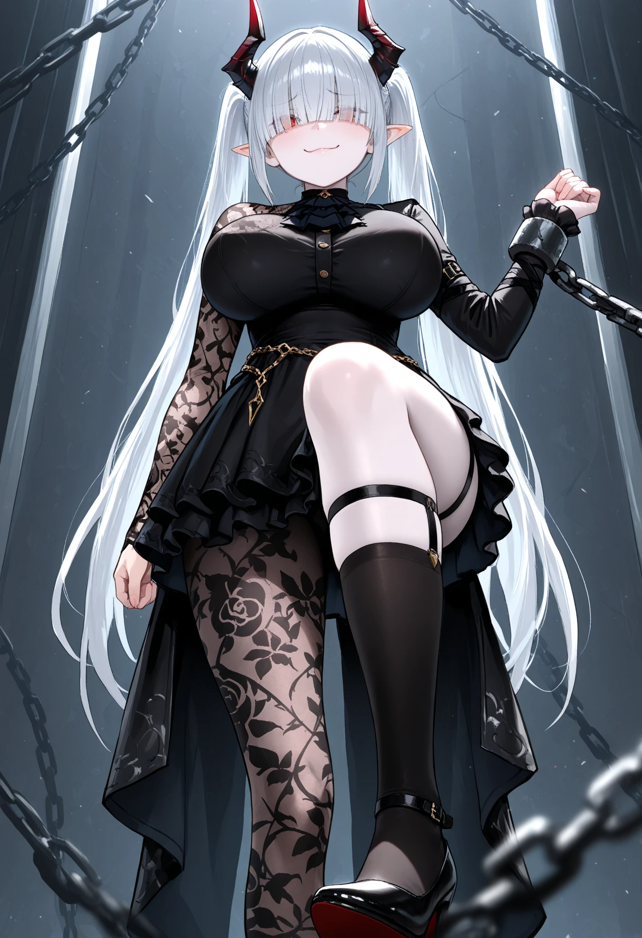 (8k:1.5), full body, full body portrait of a character, full body portrait of 1 character, well drawn and detailed eyes, well drawn and detailed face, Mortal Kombat, Unreal Engine 5, Anime, Anime style, Masterpiece, Shot Background: Cemetery full of Zombies with macabre atmosphere at night, Girl+Gothic+Vampire with Batman outfit: black shoes, with bust size Ultra XL, dark white eyes, short spiky white hair, heavy makeup on her face, looking at the viewer with a slight smile.