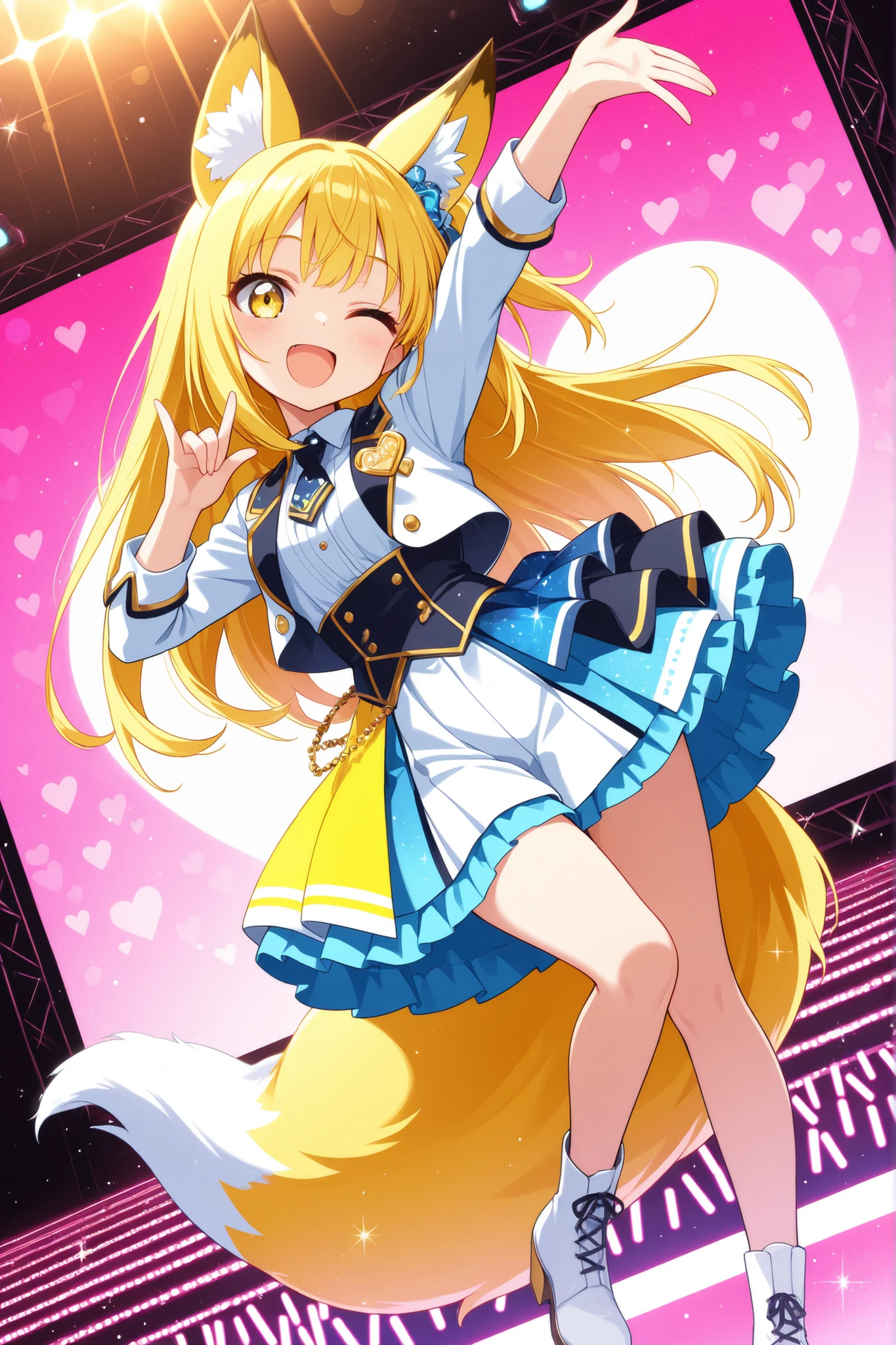 (masterpiece, Top quality), (colorful),one girl, fox ears,fox tail,(yellow long hair),yellow eyes, best smile,open your mouth,heart background,Idol,フリルがたくさんのIdol衣装,live venue,Live,Ultra Precise Illustrations, Highly detailed , dynamic angle to listen to orders, BEAUTIFUL DETAILS, 8k, (high resolution), anime style,cute,glitter,one eye closed,clean and clean,Lens Flare,looking at viewer,Full Body,
