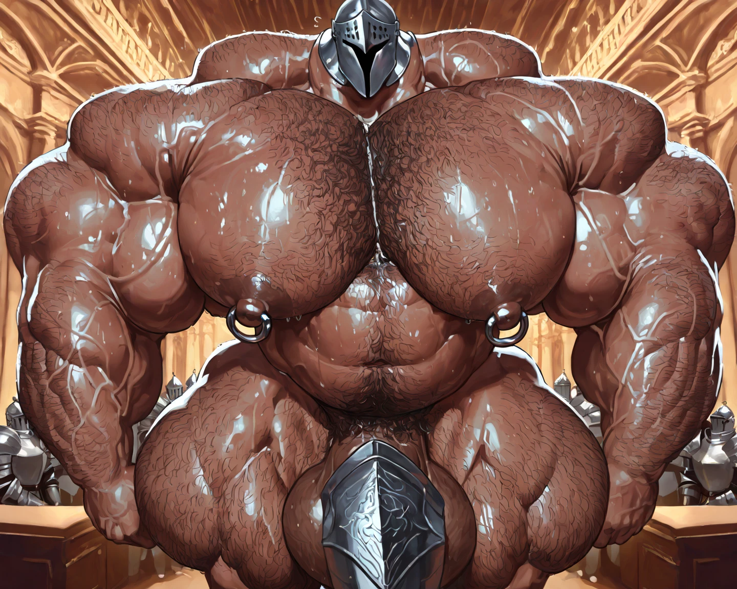 There is only one handsome Asian king in the photo,35 years old,tall, Fitness,Smooth body,Smooth skin,No chest hair,short hair, O-Shaped Beard,Perfect body, Dark skin color,Radiant Skin,Smooth skin,Shiny, shiny skin,Smooth pectoral muscles,Muscle bulge, muscular, Very large pectoral muscles,Very sexy abdominal muscles,Very well-developed leg muscles,Huge concave and convex area,Brightens oily skin,Wearing a shiny gold leather thong,Handsome face,Normal human toes,Correct and accurate male body proportions,Gold Collar,Gold bracelet,Gold anklets,Standing in the magnificent palace,Epic。