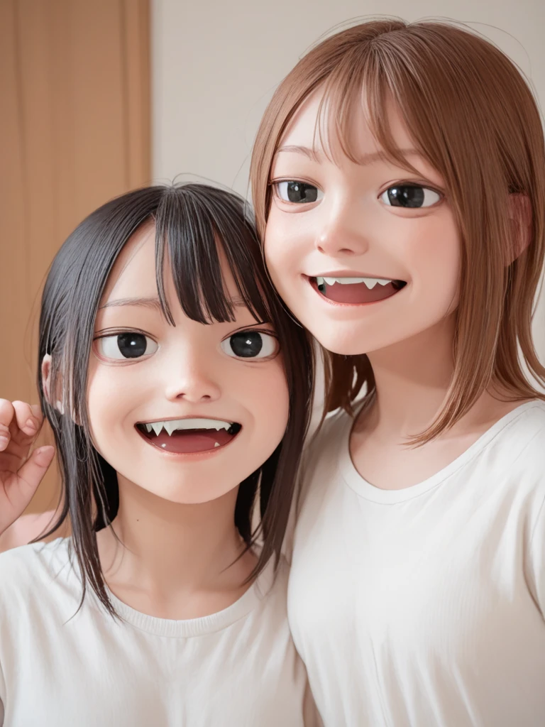 Bright Red in White, (Masterpiece 8K TopQuality:1.2) (ProfessionalPhoto:1.37) PUNIPUNI ExtremelyDetailed (((KAWAII girls in "Super Bitch" T-shirt:1.4))) from above