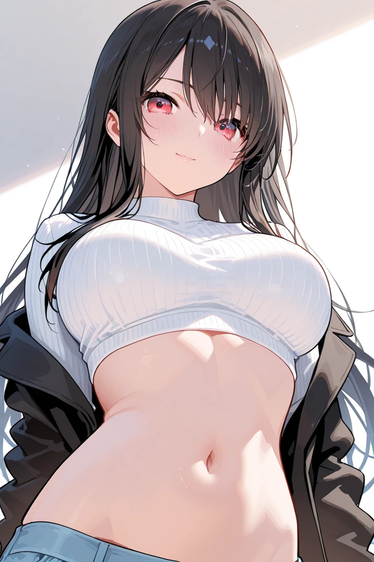 8K, top-quality, Real Image, intricate detailes, The ultra-detailliert, 超A high resolution, Depth Field,(Photorealsitic,realisitic:1.2),​masterpiece, 0.25 :: a closeup , straight-on shot ,  , 1girl in, , an extremely beautiful 17-year-old girl, sharp eye,Demon Horns , ,Straight bangs,Disheveled black hair,scarlet eyes, perfect glossy skin, flawless skin, fair white skin, , , narrow waists, thin blush, 独奏, looking at the viewers, Archaic Smile,　The Perfect Five Fingers, large boob、trainingwear、、、、