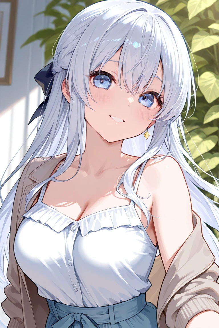 female,silver hair,blue eyes,short camisole,crop shirt,long hair,breast,half closed eyes,white,Art, anime,illustration