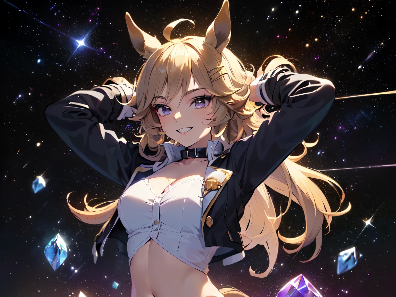 (Solo, Alone, Little Sister Attribute, Clothes that hide breasts, Short, Short arms, Smooth skin, Cute face, Purple eyes, Horse ears, No ears, Blonde, Super long wavy hair, Spiky hair, Ahoge, Navel baring, Black clothes, Black long sleeve jacket with lace collar, Denim shorts, Eyeshadow makeup, Cheek makeup, Bright smile, Happy expression, Standing upright on the ground, Arms folded behind head, Dark background, Space with floating crystals, Crystal ground, 2DCG animation, Anatomically detailed, Masterpiece, Highest rating, 16K, Upper body only: 1.5)