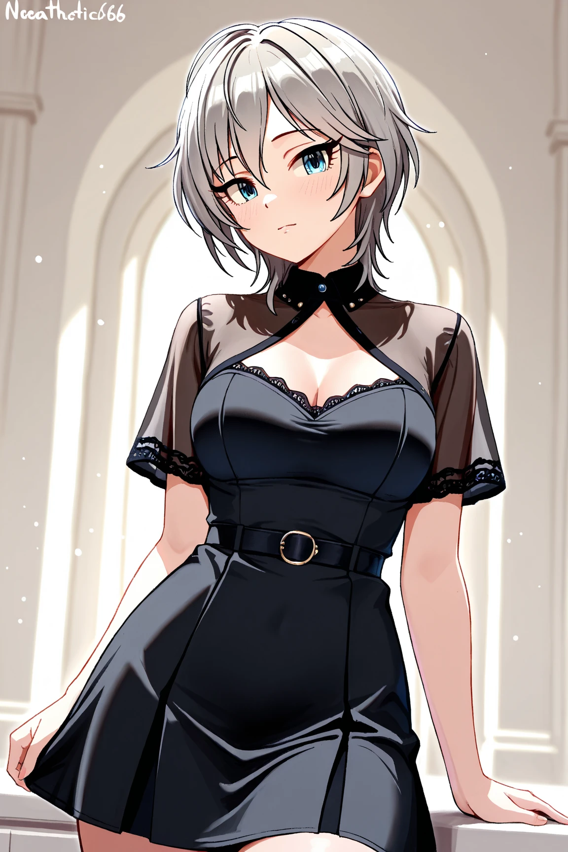 (Highest quality, High resolution, Very detailed), Silver Hair, Super short hair, Reddish brown eyes, black maxi dress, lace thong, Large Breasts, necklace, 24th generation, Beautiful woman, mature, quiet, Calm, A small smile, ruins,