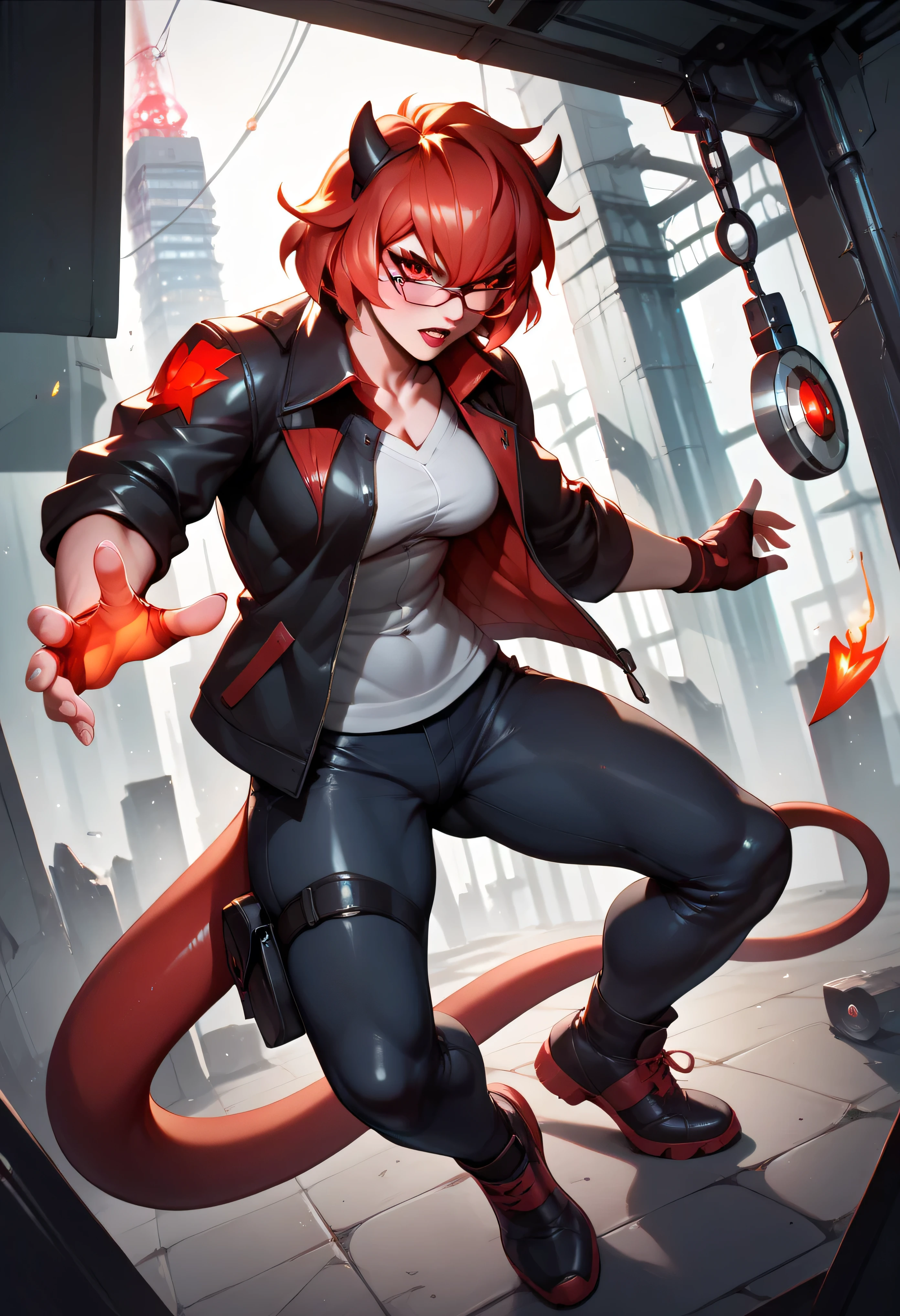Malina in a power suit with no undershirt, jacket barely covering her chest, sleeves rolled up, standing in a hellish boardroom, red-glowing contracts in one hand, stylish glasses, tail swaying like a pendulum, hellfire skyline seen through floor-to-ceiling windows