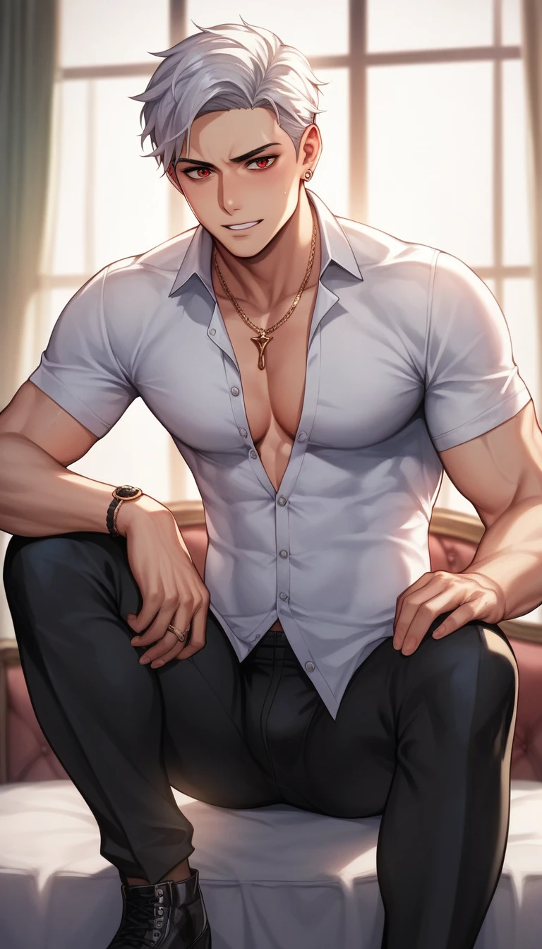 highest quality, 8K, high resolution image, anime style Jujutsu Kaisen, detailed strokes, slightly tanned skin, blurry, smile, purple light reflecting from it, (close angle), 1 man, young, male, model, cool guy, muscular, blue Eyes, light blue hair very short hair, brown hair, short hair, hairstyle: undercut, hair slicked back, swollen chest, he is wearing a T-shirt under a jacket and sweatpants, hand in trouser pocket, gold link chain, background: bedroom, bright room, large window, sitting on the bed, relaxation pose