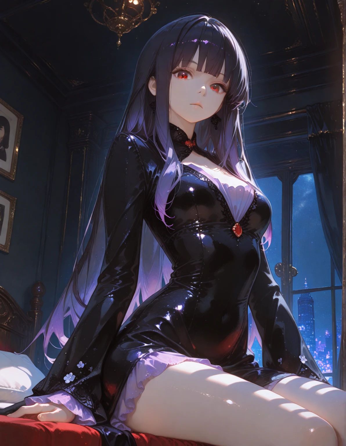 anime style panoramic image, noite, vemos a lua cheia pela janela aberta, gothic woman VAMPIRE, cabelo preto curto, bite marks on the neck, colonial porch door of gothic mansion, mal iluminado, luz de velas que flutuam no ar, in the legend of the mansion. Several coffins on the floor