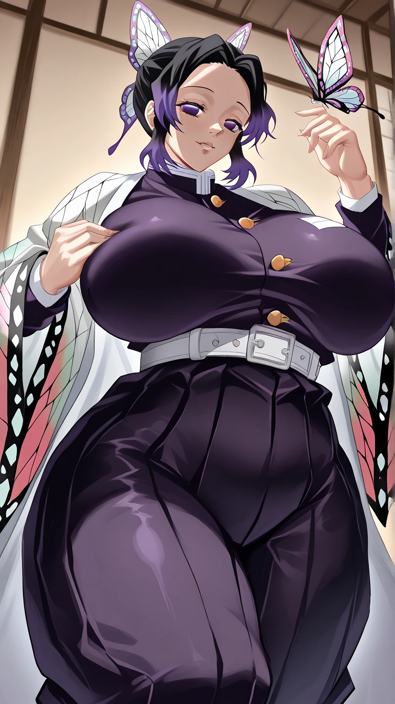 Kochou shinobu, 4k, absurd, high resolution, very high resolution, high definition, masterpiece, Short hair, purple hair, Separate bangs, Hair Adorno, Butterfly hair ornament, Purple eyes, Slayer Demon Uniform, sleeveless, black high-leg leotard, zettai ryouiki black thighhighs, cowboy shot, looking_at_viewer, lite smile, closed mouth, clear face, hairy natural public hair, natural armpit hair, huge_breast, side , erect nipples, standing, hand on hip, (skinny, short stack)
