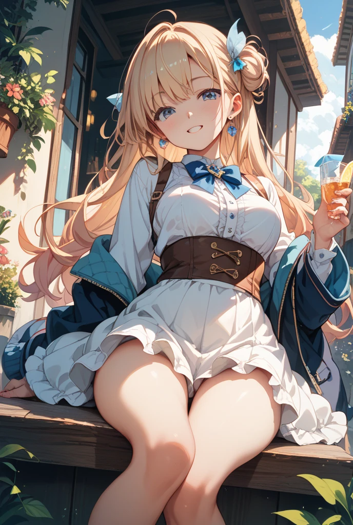 (masterpiece, high quality, Mysterious, Long legs:1.2, Ideal body proportions), (Ultra-high resolution, 8k RAW photos, Photorealistic, Natural light, Fabric Shading), Long Shot Photography:1.6, (One beautiful anime girl:1.3, , alone:1.6, Mature Woman:1.5, Browsing Caution:1.2, whole body:1.3), Glowing Skin, break, ((Alice in Wonderland:1.3, cute, cute, Lovely, interesting, Girl Falling From the Sky:1.7, Girl flying in the sky:1.5, Girl in the air:1.3, The wind lifts up the skirt:1.5, (A big smile:1.3), surprised, Put your hands on your crotch from above your skirt:1.35)), break, ((The floats are as follows:, Trump, trump card, Tea cup, you can, teaspoon, Small Clock:1.3, Lipstick, Candy:1.2, クッKey, Jam jar, Classic Door_Key)), ((purple_Blue clothes :1.5, Wearing a long flared skirt:1.3, The skirt is fluttering:1.3, White apron, White stockings and long platinum blonde hair:1.2, Twin tail hair:1.6, Her hair was tied with a big ribbon), (blue eyes, Bright eyes with highlights, Fine grain), (Lie on your back:1.6, Lean back:1.2, Stand up straight and spread your legs:1.5), ((Dutch Angle:1.5, whole body:1.3, Ass Focus:1.3, From below:1.5, Poor posture)), Amazing colorful art, (Fantasy Images:1.5), ((Correct Anatomy:1.5, Perfect Anatomy:1.3, The right move, Small feet:1.2)),