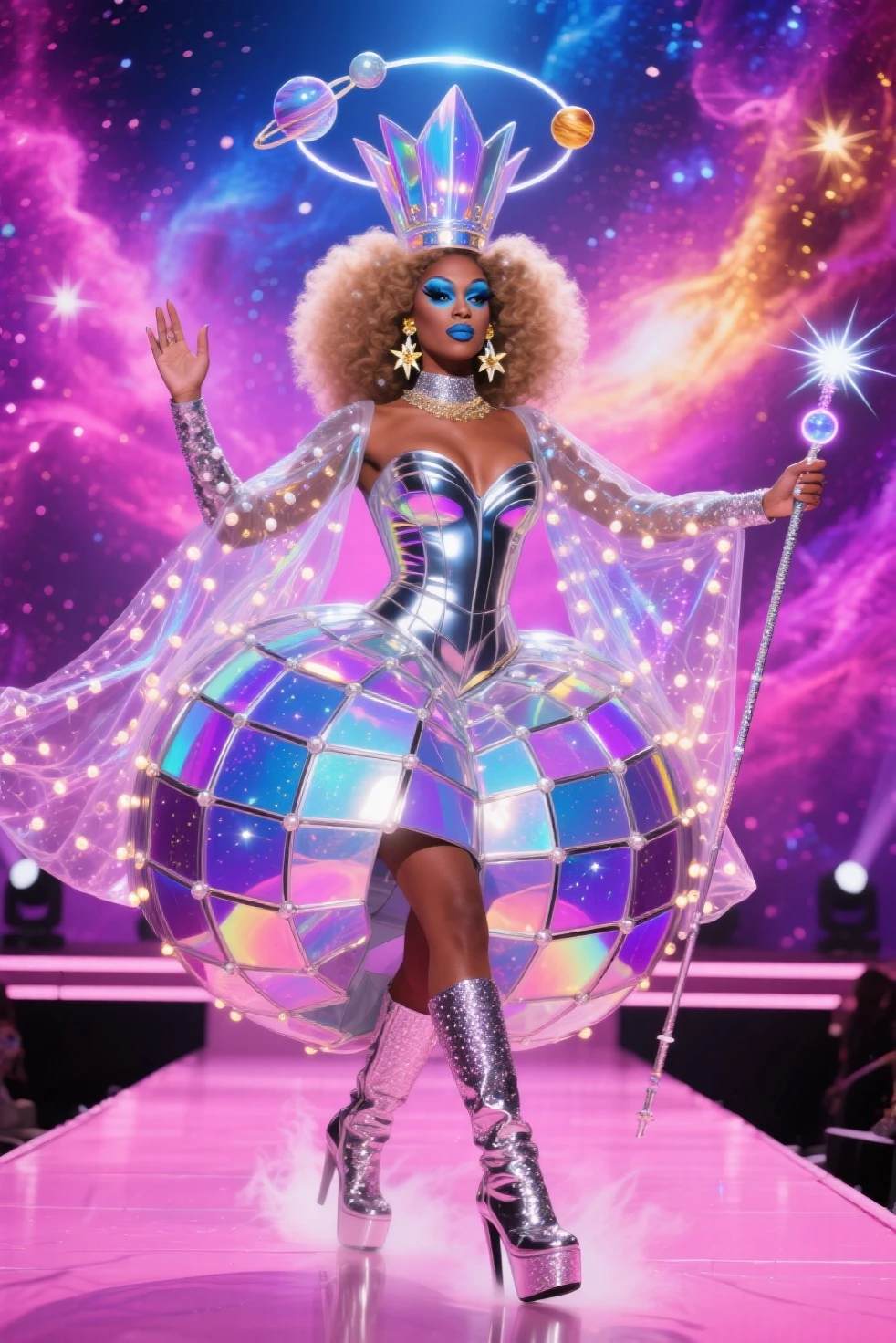 Photo of lady gaga wearing white suit full of diamonds and gay flag, unique glasses, 4K texture, long hair, high quality, extravagant hairstyle, original album cover, colorful dress with diamonds, 8k image, futuristic, high image quality, at night, hair accessories, 8k image, realistic face in high quality, full body, Different poses