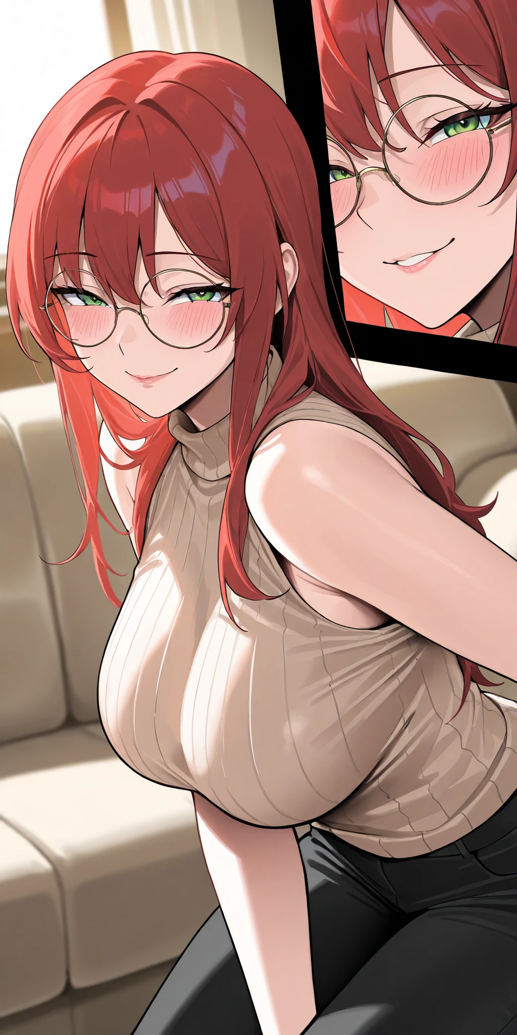 score_9,score_8_up,score_7_up, 1girl, (looking horny), anime, 18 year old, beautiful and perfect face, beautiful, blush, large breasts, large breasts, 1 girl, large breasts, Describe precise shapes, beautiful  face, expressive eyes, clavicle, lips, slickedback hair, long hair, red hair, green eyes, round glasses, beige sweater, sleeveless, neckleace, pants, standing alone, close up, sitting down, sofa, Inside the house, looking ahead at viewer, seducing smile, indoors, volumetric lighting, malicious intent, half closed eyes, seductive, pulling you in, irresistible, sit down, looking at the viewer, sexy