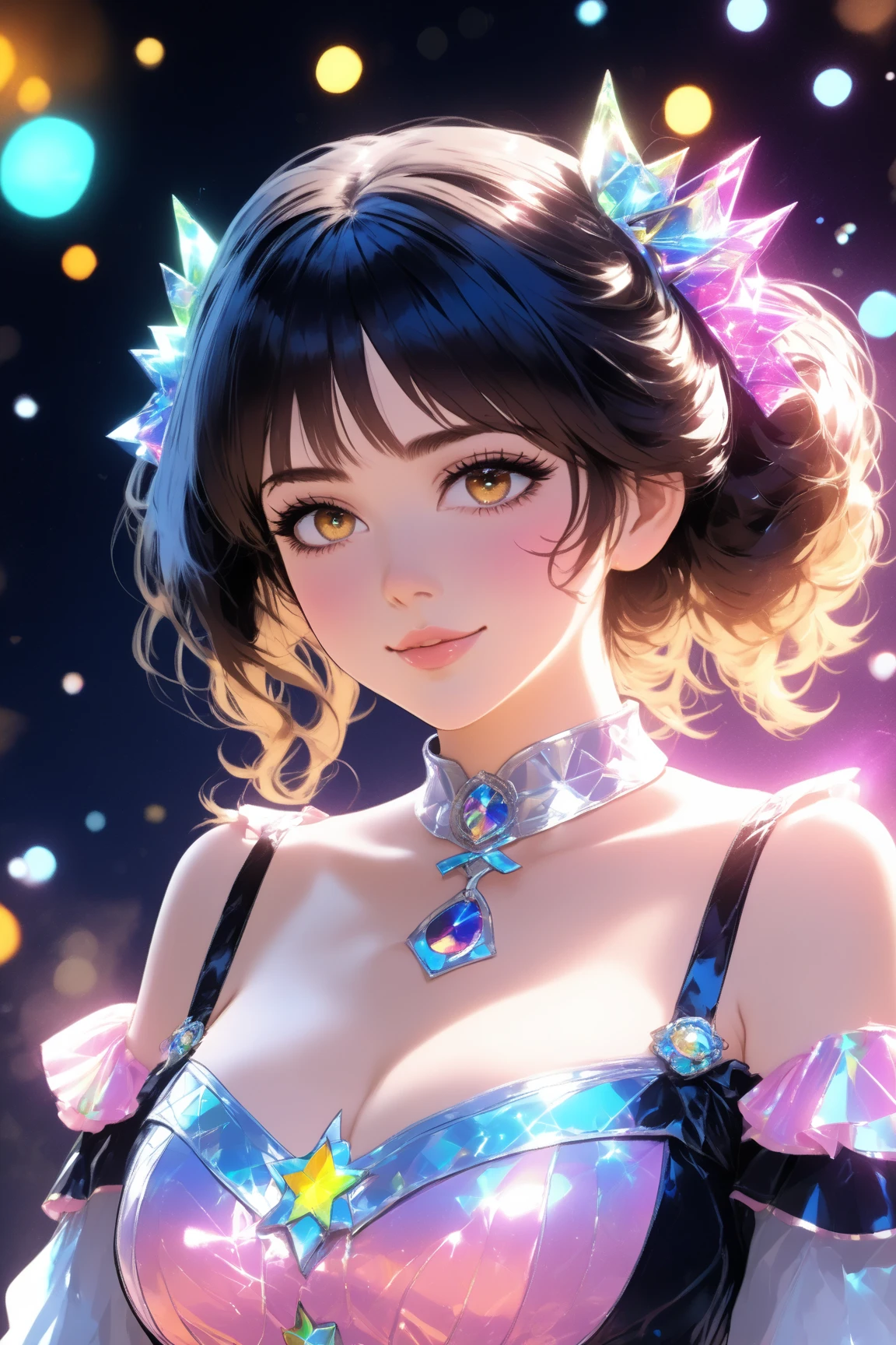 National Science Foundation,masterpiece,High resolution,8K,Art,digit,Three-dimensional,symmetrical picture,Kyoto Animation Style,your name movie style,Facing the camera,Soft Light,Glowing skin,(1 female: 1.3),(alone: 1.4),(((Black hair))),(Gorgeous,sparkly bra),Swarovski crystals on gorgeous bra,crystal necklace,crystal earrings,Long eyelashes,slender legs,Short Bob,Close-up of upper body,Close-up,close view,Colorful roses background,(Starry eyes),Blushed,shy,shy,open mouth,(((cry))),(((shed tears))),(((feel sad)))