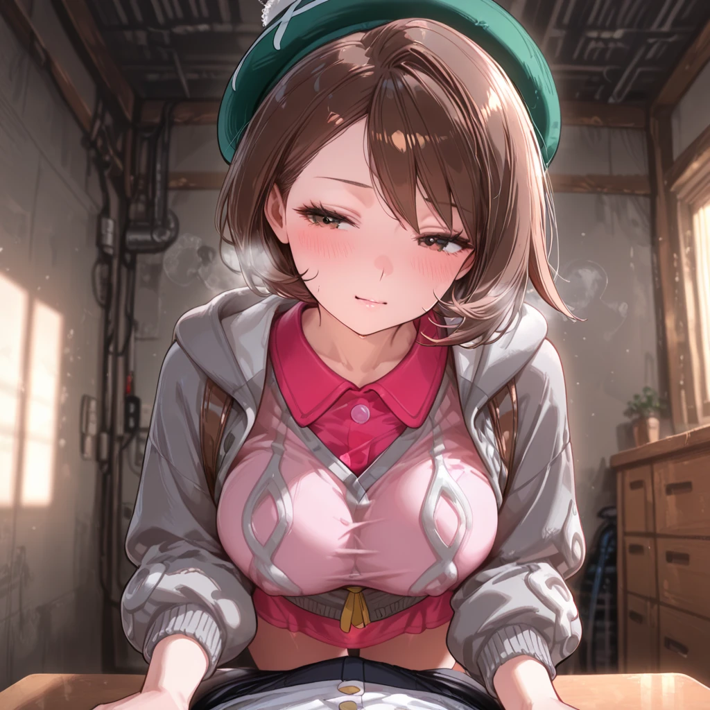 undertale,chara,solo person,shadowing,Grinning,red - eyed,Sick,morden,Cold-blooded killer,Green hoodie,exposing her chest,brown shorts,holding dagger,stocklings,Full body standing painting,with short brown hair,Be red in the face,Hand repair,the detail,k hd,Gold love heart necklace,Close to the original,illustration,CG,anime big breast,quadratic element(Optimal image quality,tmasterpiece,sexual appetite)