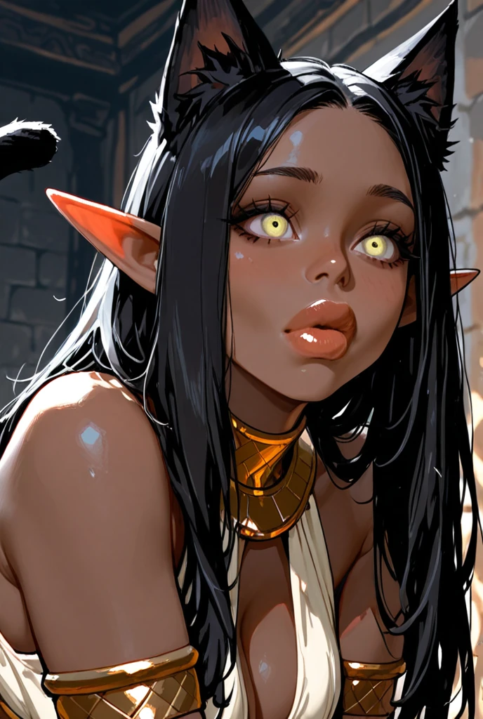 (Portrait) of an (African-American) female, with dark (black dreadlocks), purple eyes, dark (brown skin), (pointed ears), (slutty assassin), (fishnet) sexy sith robes, (lust) demon, (perky tits), close-up shot, perfect composition, hyper-detailed, 8K, high quality, (perfect eyes), trending art, sharp focus, studio photo, intricate details, (topless) pose, (cum on tits), NSFW