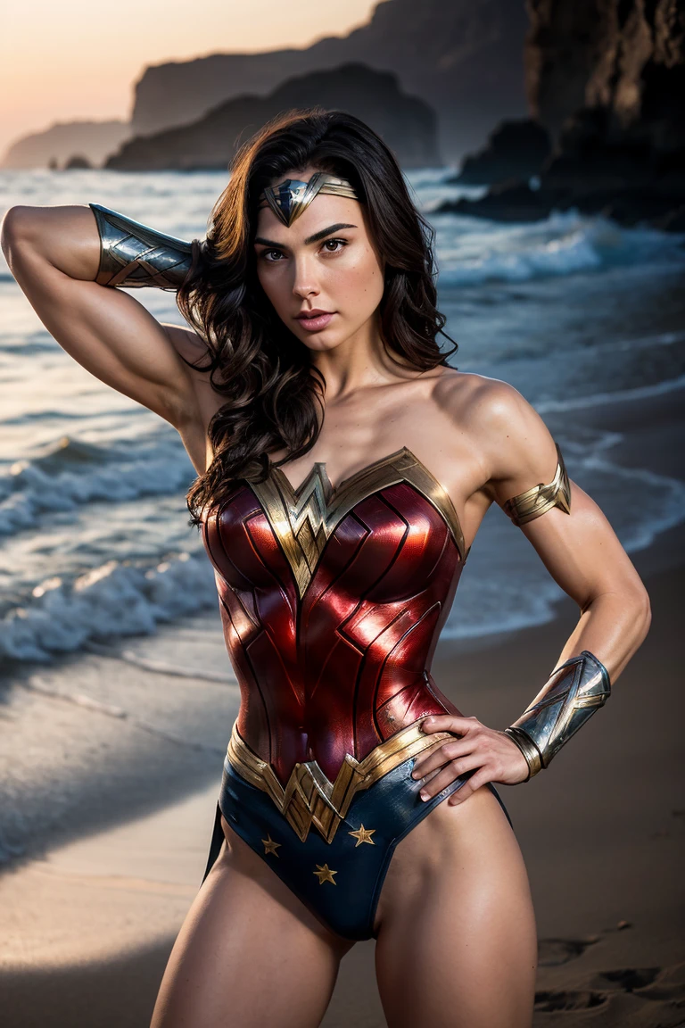 Create an image of a sexy and tall dark brunette with slightly wavy hair, standing at 175cm tall. The woman should be dressed as Wonder Woman, showcasing her hot armor and amazing physique with an hourglass silhouette. The background should be a destruction scene, adding to the dynamic and alluring nature of the image. The overall look and feel of the image should be that of an erotic and dynamic scene, with a focus on creating an erotic and alluring image that showcases the woman's sex appeal as a superhero, viki odintcova