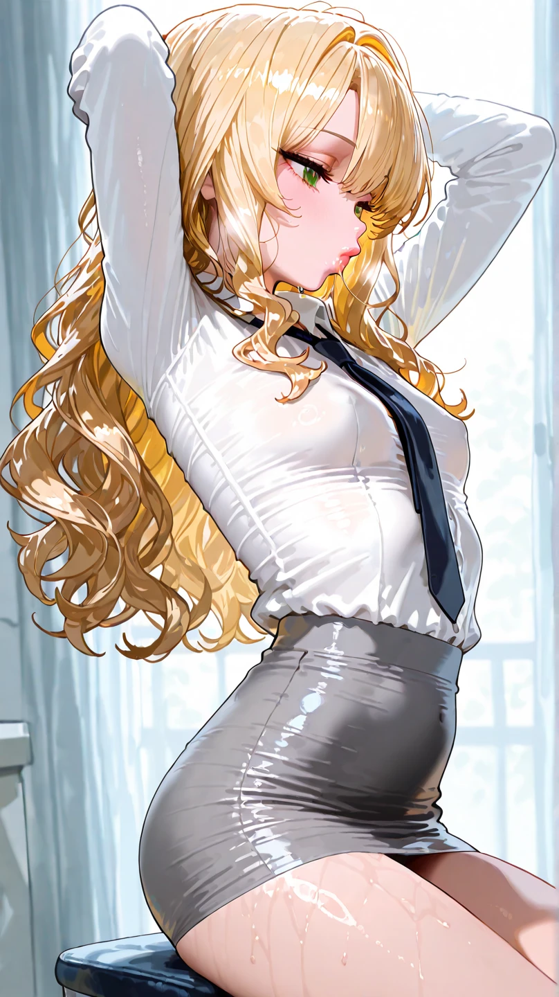 (masutepiece, Best Quality:1.2), Cowboy Shot, Solo, 1girl in, Valentine's Day in May, embarassed expression、 Looking at Viewer, ((White blouses)), ((pantyhose))、(Shower room)、(whole body Dripping wet)、((Black panties))、(Underwear is see-through)、(Black underwear)、Kneeling、(Opening legs)