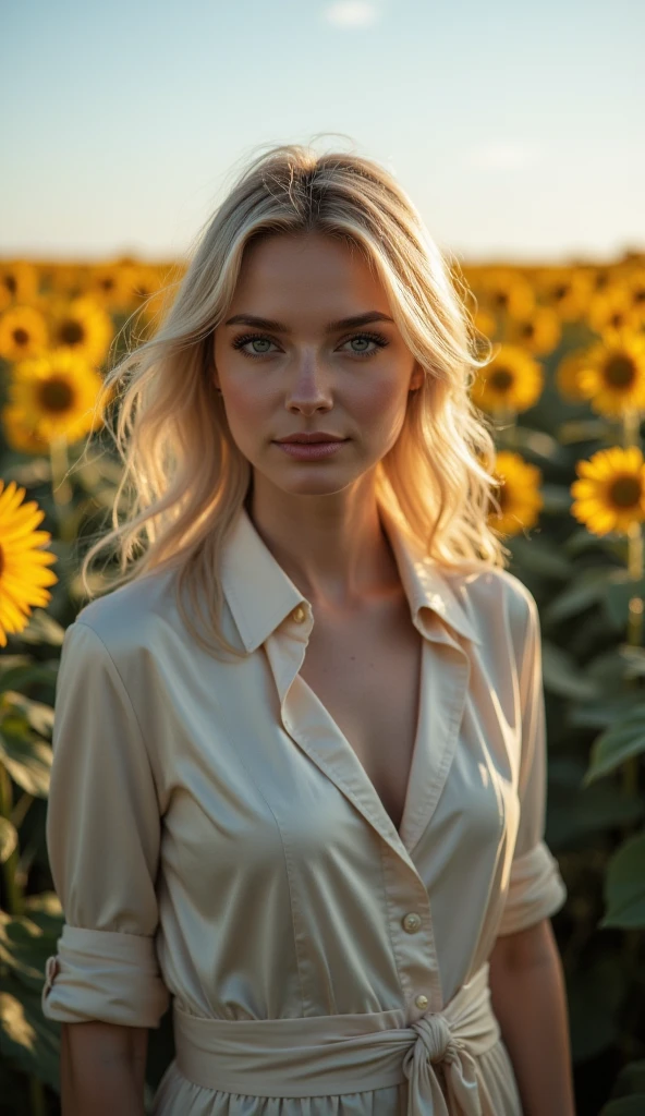 a closeup full cover body shot photo of a blonde with perfect eyes, smile, same face, same, outdoor, clear sky, cinematic light, seductive look, outside in field, hand on wheat, sunset, high quality,same face
