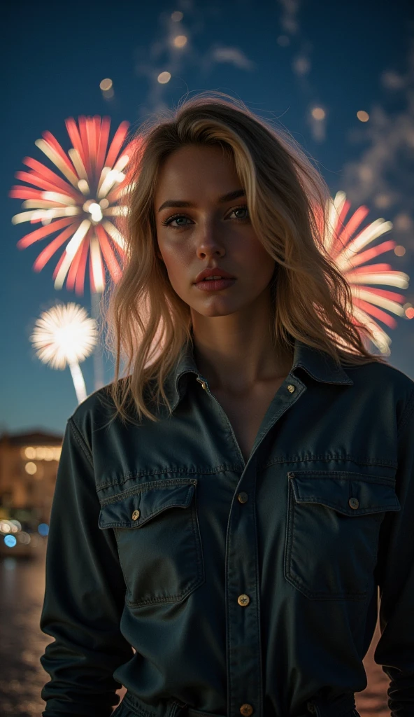 8k, masterpiece, best qualite, RAW photo, cinematic, dramatic lighting, 1 girl, Nordic, nighttime, blond hair, short hair, wavy hair, athletic body, grey sweater, jeans, full body shot, beanie, holding a sparkler firework, outside