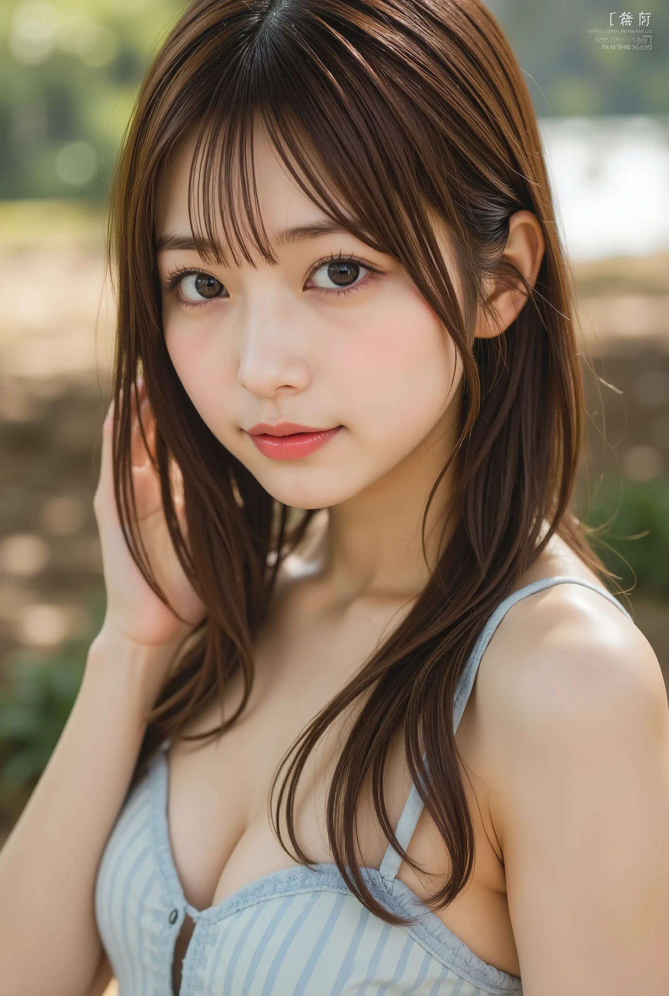 (8K、Highest quality、masterpiece、 Ultra-high resolution)、(Headshot closeup:1.4)、1girl、cute、Idol face、(slim、Flat Body:1.23)、(14 years old)、Luminance、Magical Pictures、Soft lighting、Light background、Strawberry field