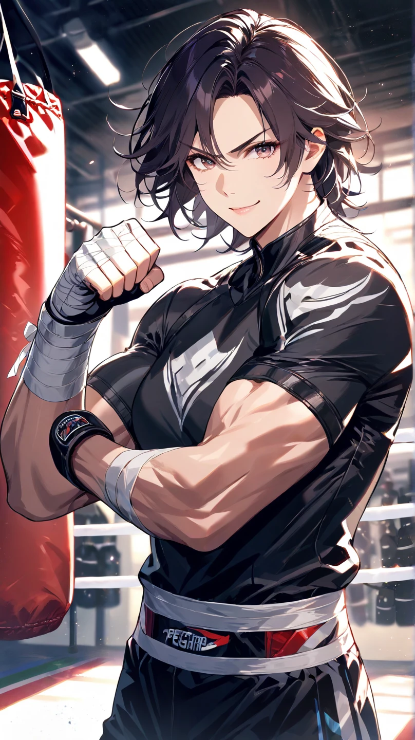 Woman boxer, handsome face, sports bra, boxing gloves, toned, long black hair, boxing stance,long black pants, looking at viewer