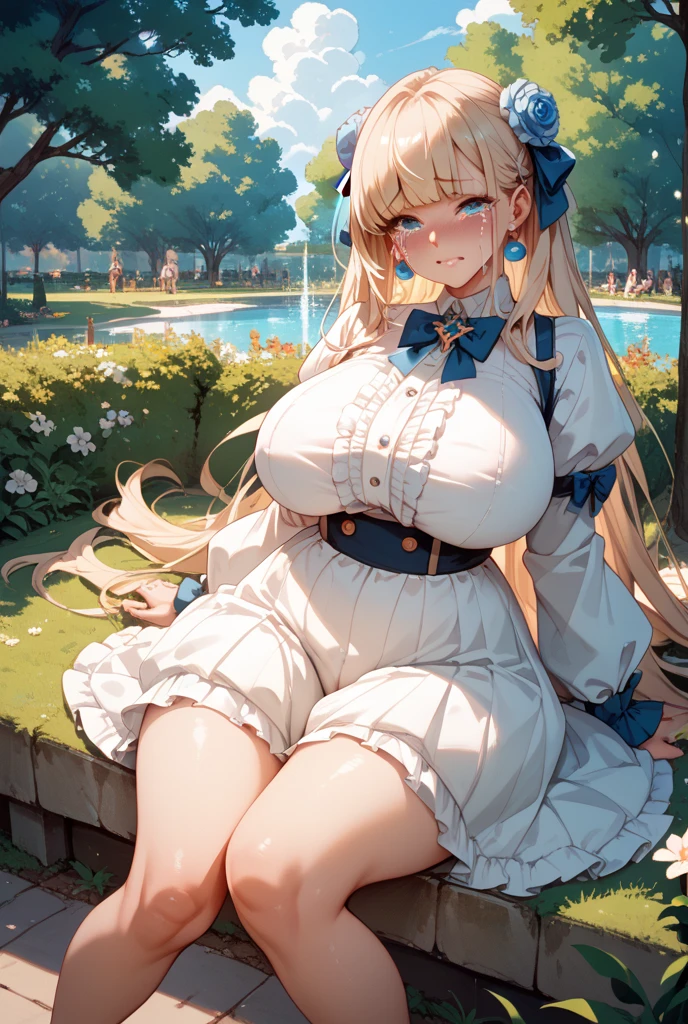 Anime illustration、highest quality、Fairy tale、Fantasy、Alice in Wonderland、plump female traveler、Bunny ears、Luxurious tea party、English Garden、Long machine、Big Breasts、Thick legs、Beautiful, shining eyes、smile、Noise Reduction