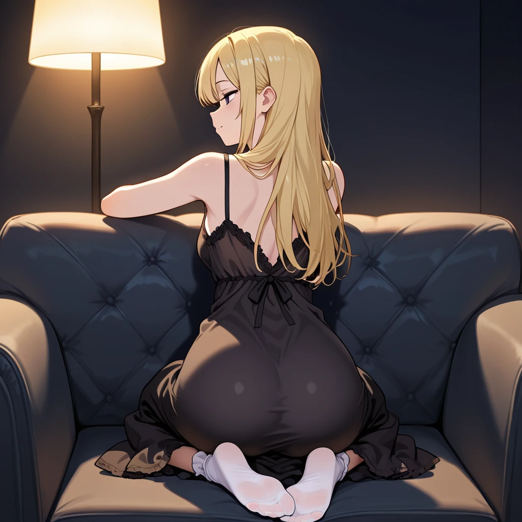 portrait of a 23 years old blonde woman wearing a black sleepmask as a blindfold and a black spaghetti top, calm smile, freckles, sitting barefoot legs crossed in a bed.