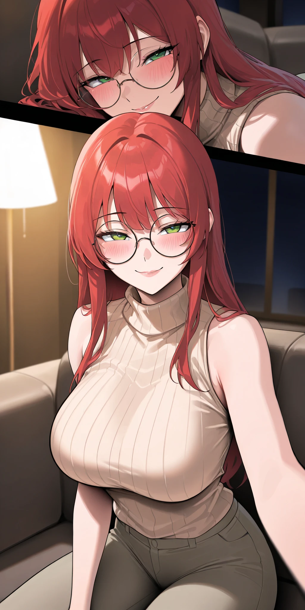 score_9,score_8_up,score_7_up, 1girl, (looking horny), anime, 18 year old, beautiful and perfect face, beautiful, blush, large breasts, large breasts, 1 girl, large breasts, Describe precise shapes, beautiful face, expressive eyes, clavicle, lips, slickedback hair, long hair, red hair, green eyes, round glasses, beige sweater, sleeveless, neckleace, pants, standing alone, close up, sitting down, sofa, Inside the house, looking ahead at viewer, seducing smile, indoors, volumetric lighting, malicious intent, half closed eyes, seductive, pulling you in, irresistible, sit down, looking at the viewer, sexy