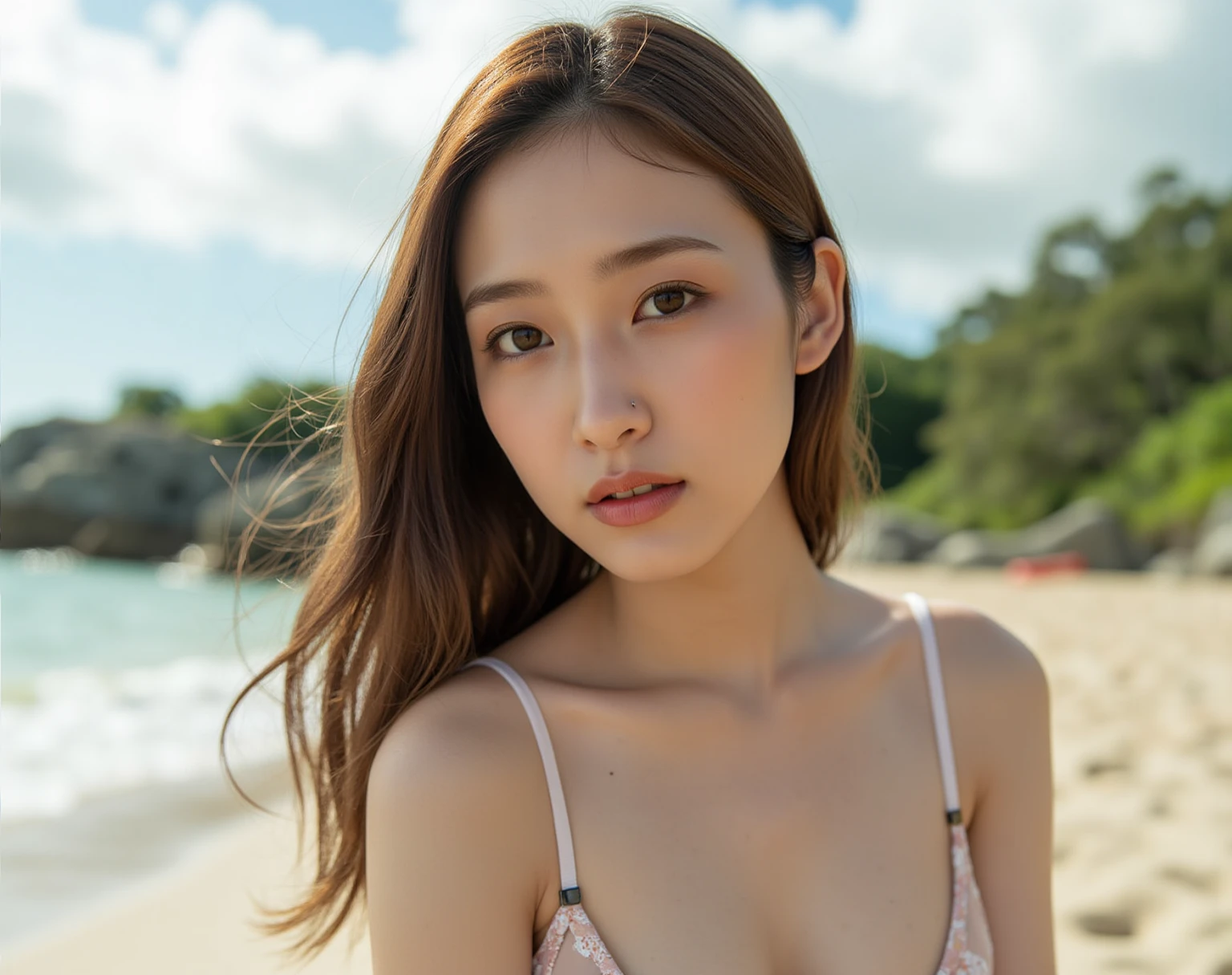 masterpiece、1 beautiful girl、 (reality: 1.4), Japanese、asian beauty、super beautiful、beautiful skin、thin、(upper body)、(超reality的な)、(High resolution)、(8K)、(very detailed)、(Super detailed)、big eyes、brown eyes、long eyelashes、detailed face、gloss lip,bright lighting、professional lighting、looking at the camera、serious expression、look straight ahead、long hair、brown hair、sea landscape、Nogizaka Idol、actress、20-year-old、big breasts、big breasts、wet skin、silver latex suit、cleavage cutout、baby face、Moisturized and realistic skin texture、moist lips、natural shadows、(arms up),nsfw,