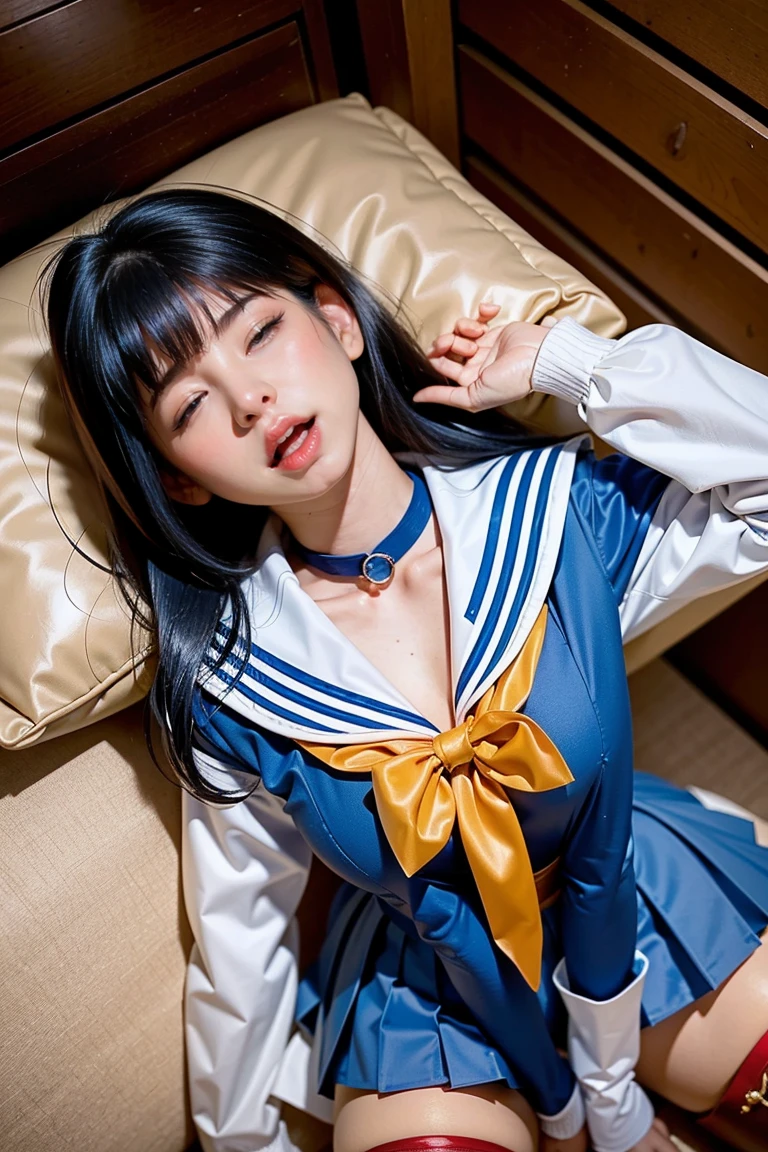 1 woman, long hair, light brown hair, , blue_sailor_collar, blue short skirt, bushes, Red Choker, Collarbone, below, ear ring, jewellery, Lips, indoor, pleat skirt, sailor_collar, school_uniform, short_sleeves,Lying down on the back, close eyes, sleep, whole body, from below, (semen on forehead:1.4, (semen on head:1.6),