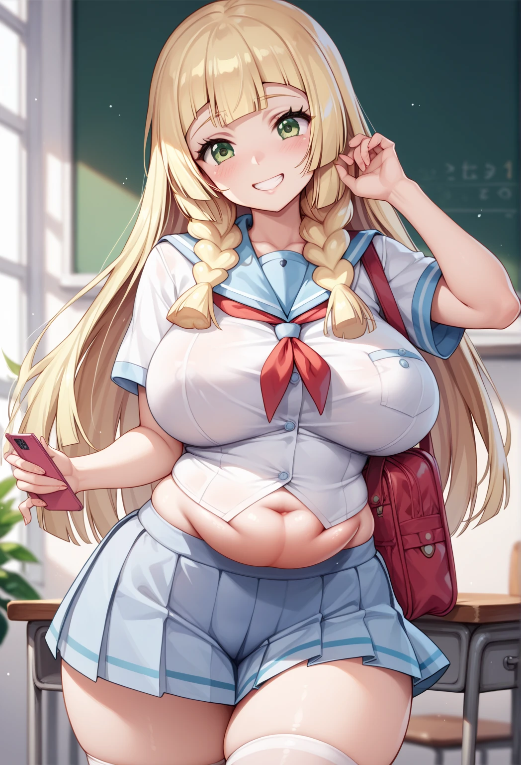 ((Masterpiece)), perfect anatomy, perfect shading, field of depth, (best quality), extremely delicate and beautiful, perfect lighting, detailed face, ultra cute face, cute, (cowboy shot 1.2), looking at viewer, full body, (((1girl))), (((solo))), kitagawa marin
1girl, blonde hair, long hair, multicolored hair, red eyes, seductive smile, (blush), jewelry, earrings, piercing, school uniform, white shirt, tied shirt, black choker, blue necktie, plaid skirt, medium breasts, wide hips, thick thighs, (chubby), chubby belly
indoors, inside, classroom, open smile, pose, desks