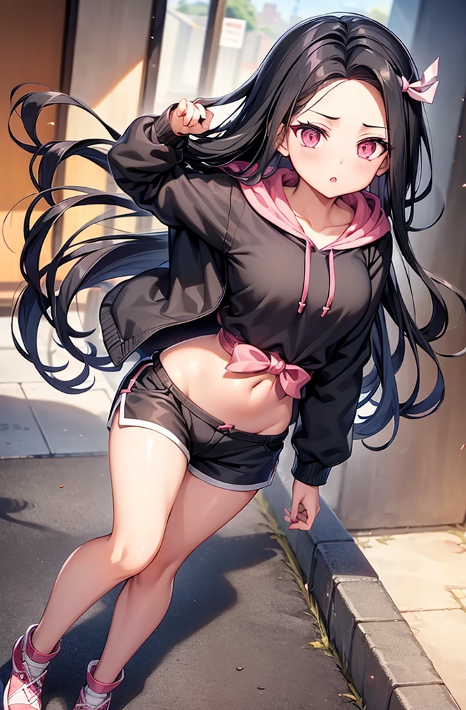 1girl, 1girl nezuko full body, Nezuko Kamado, Nezuko Kamado demon slayer, kamado nezuko, (anime: demon slayer), sexy, female body, perfect body, fullbody, pink enchanting eyes, dark black hair, black hair, black long hair, perfect body, wearing: modern clothes, shorts, sport shorts, female sport shorts, casual sport shorts women, sport shorts, hoodie, cute hoodie, hoodie for woman, beautiful woman body, nezuko, ultrasharp, 4k picture, highly detailed, beautiful, nezuko, nezuko kamado, demon slayer, nezuko, 8k, perfect image, detailed, nezuko.