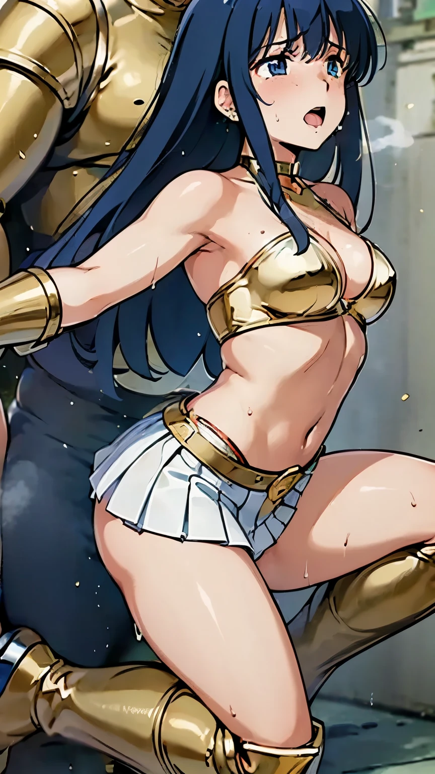 An unparalleled masterpiece, 8K, high quality,Perfect artwork, Outdoor, One girl,18-year-old,Muscular woman, Plant swarm, Fingerless gloves, abdomen, loose socks, pleated micro skirt, Yellow neckerchief, Earrings, loafers, Long hair tied low, Hair on one eye, clean, Beautiful Face, Pure Face, Pale skin, Shiny Hair, Inner hair color, Hair Details, Long eyelashes, Braiding, (Beautifully detailed eyes and face), Extremely detailed, Amazing lighting effects, Fighting Pose,Large Breasts,Erect nipples,belly button