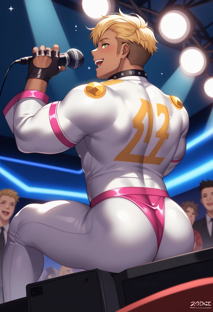 best quality, masterpiece, ruggedly handsome man with wavy brown middle parting hair, muscular bodybuilder, cheeky grin, wearing leather bdsm gear, pinching his own nipples, kneeling on multicolored led light up stage, prince albert piercing, studded cock ring, ((dripping precum)), gasping for air, blushing, sexily dressed male crowd around him throwing money at him, laser lights and RGB spotlights in the background, sexy, gay, homoerotic, best view, ambient lighting, extremely dramatic shadows, perfection, no watermark, no logo, no signature