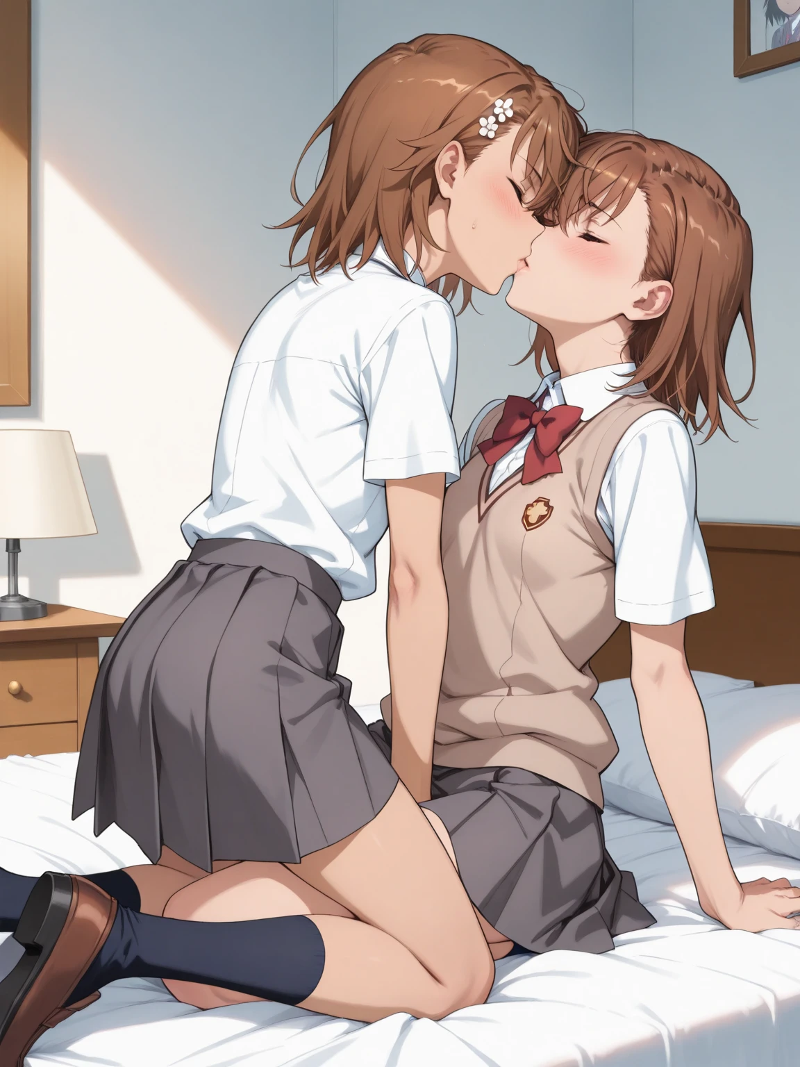 (Naked)、Realistic body based on human body model、limbs、Lesbian Sex、masterpiece, Highest quality ,, 2 girls, Yuri, (kiss:1.8), (フレンチ・kiss), blushする, close your eyes, (tongue), (saliva), (Explore), please put your hand on your chest, tongue吸い, Female doctor and nurse, White clothes, pantyhose, Disheveled clothes, See-through panties, Blouse sticking to body with sweat, Thin underwear, Sexy Lingerie, Panties that are about to be taken off,Small breasts, Ecstasy, Messy Hair, Wet feet, Wet clothes,Slender body,In the bedroom,blush,Put your fingers in your crotch,high school girl ,16 years old、Brown hair ponytail, barefoot,I can see your underwear in your crotch,Small breasts,Small Ass,Beautiful profile,明確なlimbs,Distinctive nose bridge,解剖学的に正しいlimbs,フレンチ・kiss,Foliage plant,Lie down in bed2Girl Girl,Disheveled sheets