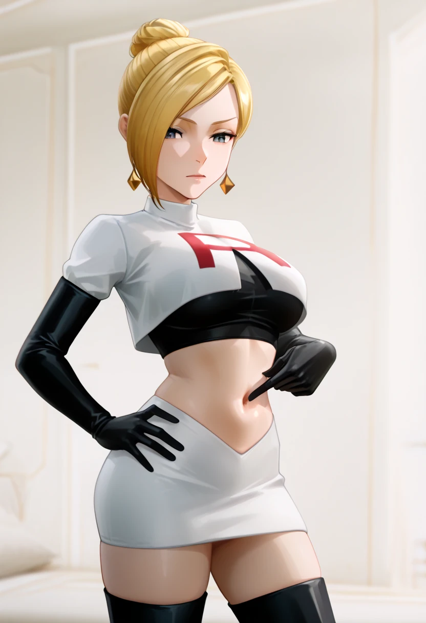 best quality, 8k, sharp focus, depth of field, best shadows, perfect lights, HDR, realistic skin texture, detailed, hyper detailed background, solo, 1 woman, Alisa Reinford, (long blonde hair, red eyes, white skin, shiny skin, medium breasts, makeup, lipstick), wearing a sexy white leather jacket, shoulders showing, short skirt, high boots, choker, at the military academy, looking at the viewer, anime style inspired by trails of cold steel IV, lewd, ecchi, intimidating, shoulders the show