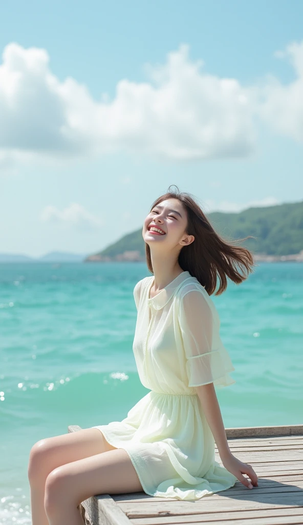 A beautiful beach under the midsummer sky傑作, Highest quality, Movie stills, One girl, Floating in the sky, cloud girl, cloud, (close:1.1), bright, Conceit, Grin, Happy, fun, Soft lighting, Volumetric lighting, Bauhaus, shape, OK, Sparkling, Sparkling, Swirl, Abstract, Expressive
