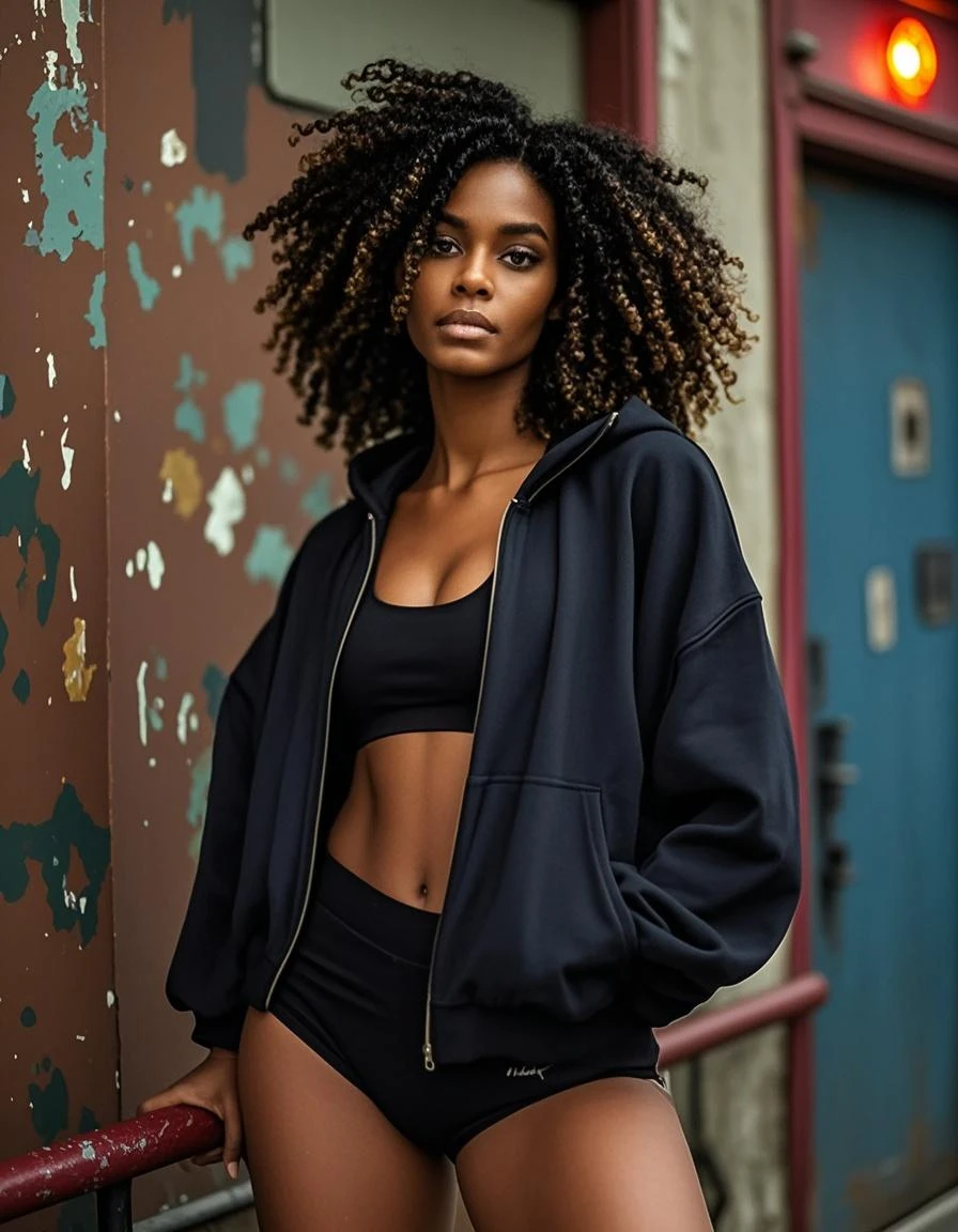 ((Peau africaine foncée, Skin of&#39;ébène très profonde)), ((Its beauty is undeniable)), ((Excited cute face)), ((Hyper detailed perfect eyes,)), ((pose mignonne)), ((Langue sortie)), ((attractive )), sexly, (( Sweat à capuche Nike, shorts courts sexly)), ((Queue de cheval afro avec de longs cheveux bouclés africains,)), (( peau)), (( tetas grandes )), ((debout, front view)), ((toucher ses propres jambes dans une pose sexly)), ((Dehors, public city)), Synthetic image with sharp focus, Photorealistic, high details, realistic, head of&#39;artwork, absurdists, best quality, HDR, high quality, HD, extremely detailed, Background&#39;8k screen, intricate details, 8k uh, Full HD, (photo realistic:1.2), sharp contrast, lighting intense, kinematics&#39;lighting, lighting naturel, hard light, Contre-Jour, Global lighting, ambient occlusion