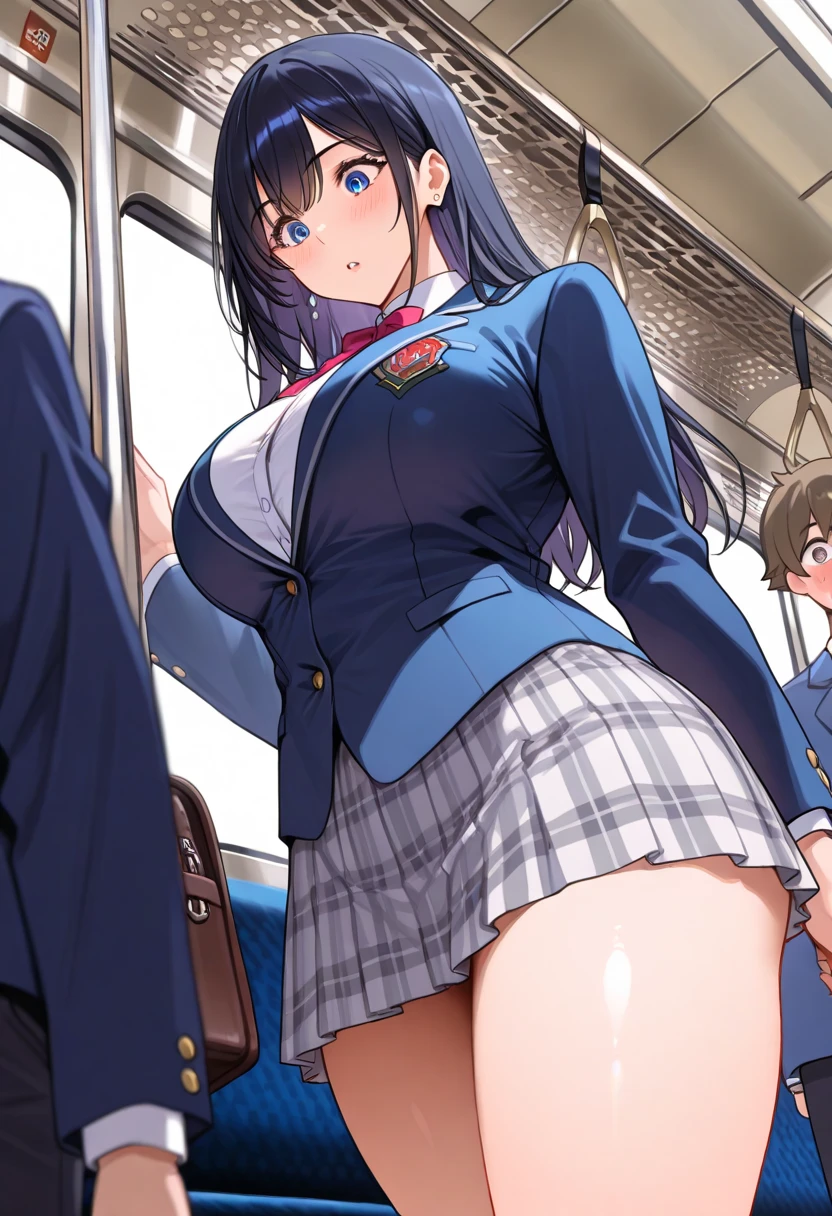 realistic anime art style,(tareme),(curvy body),black unkempt hair,bow tie,thick eyeliner,dress shirt,(navy short pleated skirt),(plaid skirt),(unpretentious mature woman and boy having sex in crowded train:1.1),pov,sweaty,(adult face),knees up,spreading legs,(nipple through),(ahegao and shouting:1.3),look at viewer,vaginal penis,skirt lift,creampie,