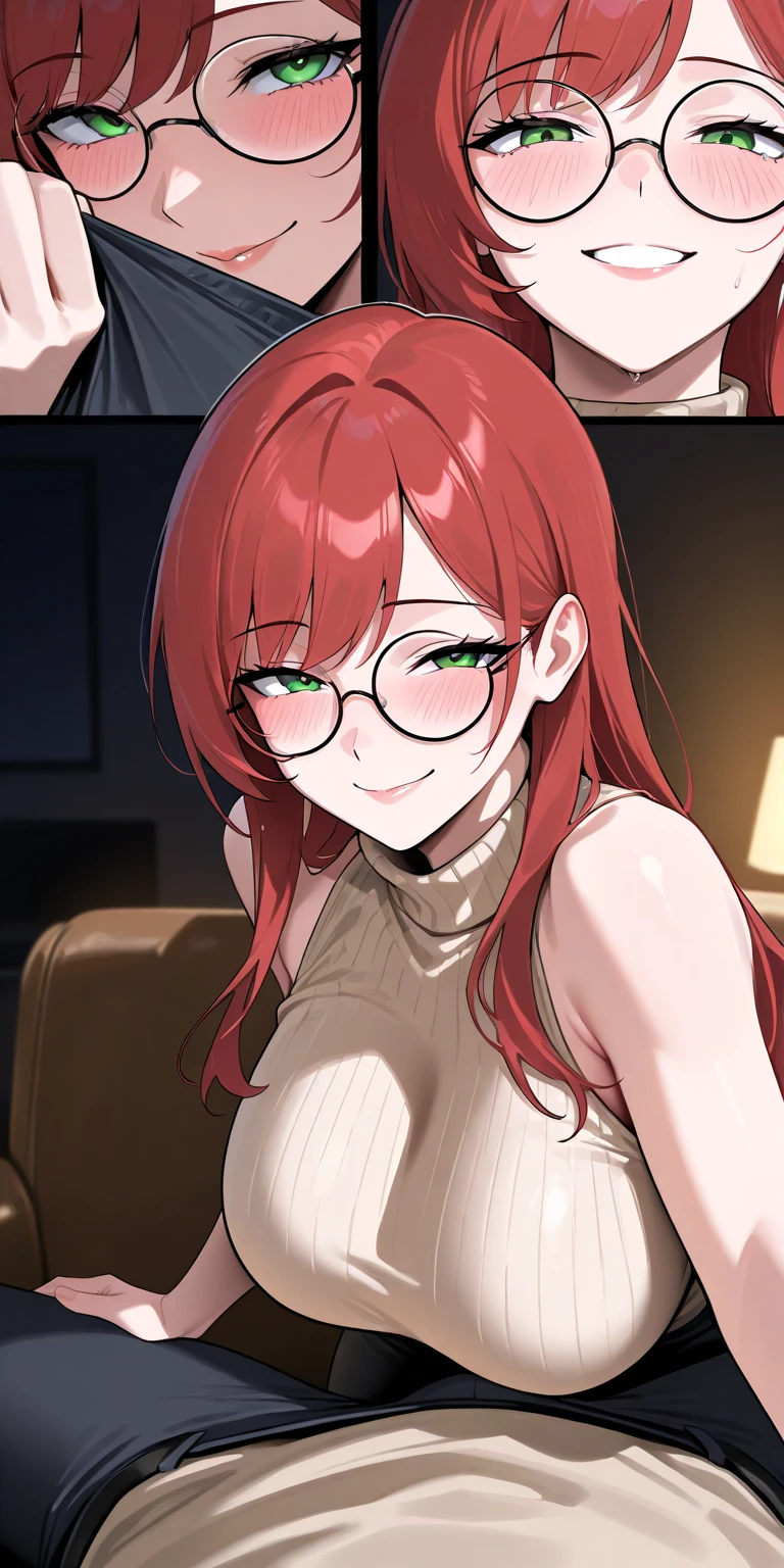 (masterpiece), best quality, expressive eyes, perfect face, short wavy red hair, , shortstack, black t-shirt, cleavage, black eyelashes, tongue out, face focus, untied hair, black glasses, freckles, green eyes, blushing, fast food restaurant, face focus:1.3