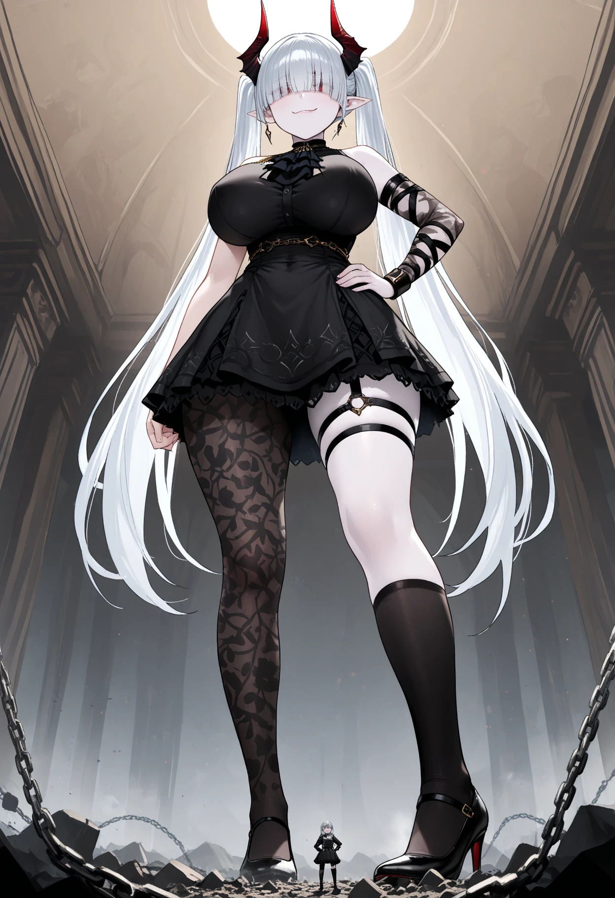 thick thighs, black thigh high stockings, black heels, full body shot, marked nipples, Mini dress, long white hair, bunny ear headband