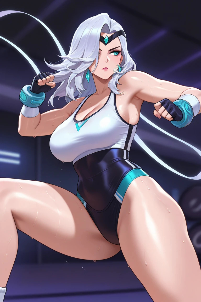 (Whole body:1.3) masterpiece, best quality, 1girl, korra, bright pale blue eyes, deep chestnut brown skin, dark skin, toned arms , (strong shoulders) , mild abs, (toned thighs), thighs showing, midriff showing, smile,standing, arms behind head pose, snow field, surrounded by mystical fire ring,