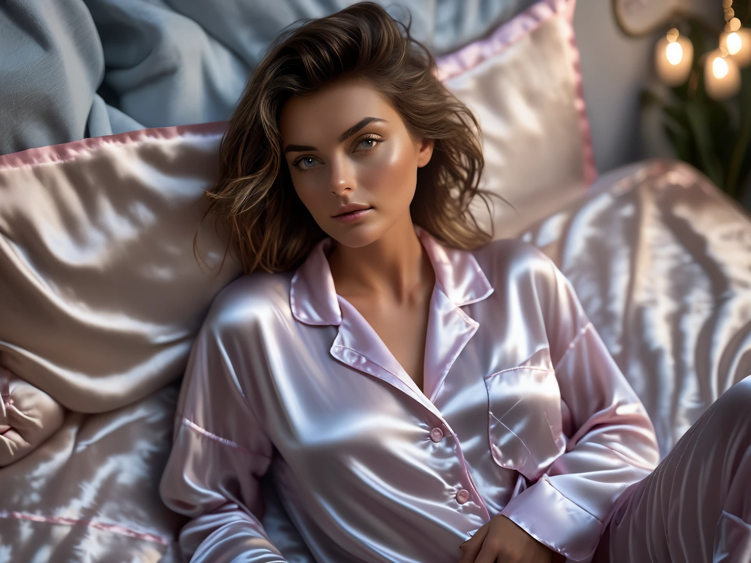 Top Quality, Masterpiece, High Resolution, 8k, (photorealistic:1.4), full body, (oversized satin see-through pajama.:1.1), spaceship, bed with puffer bedlinen, dim light, beautiful woman, skinny, small breasts, pixie asymmetrical hair, detailed face, shy expression, facing the camera, photo taken from a distance, age of 20 years old, tanned, pastel colors